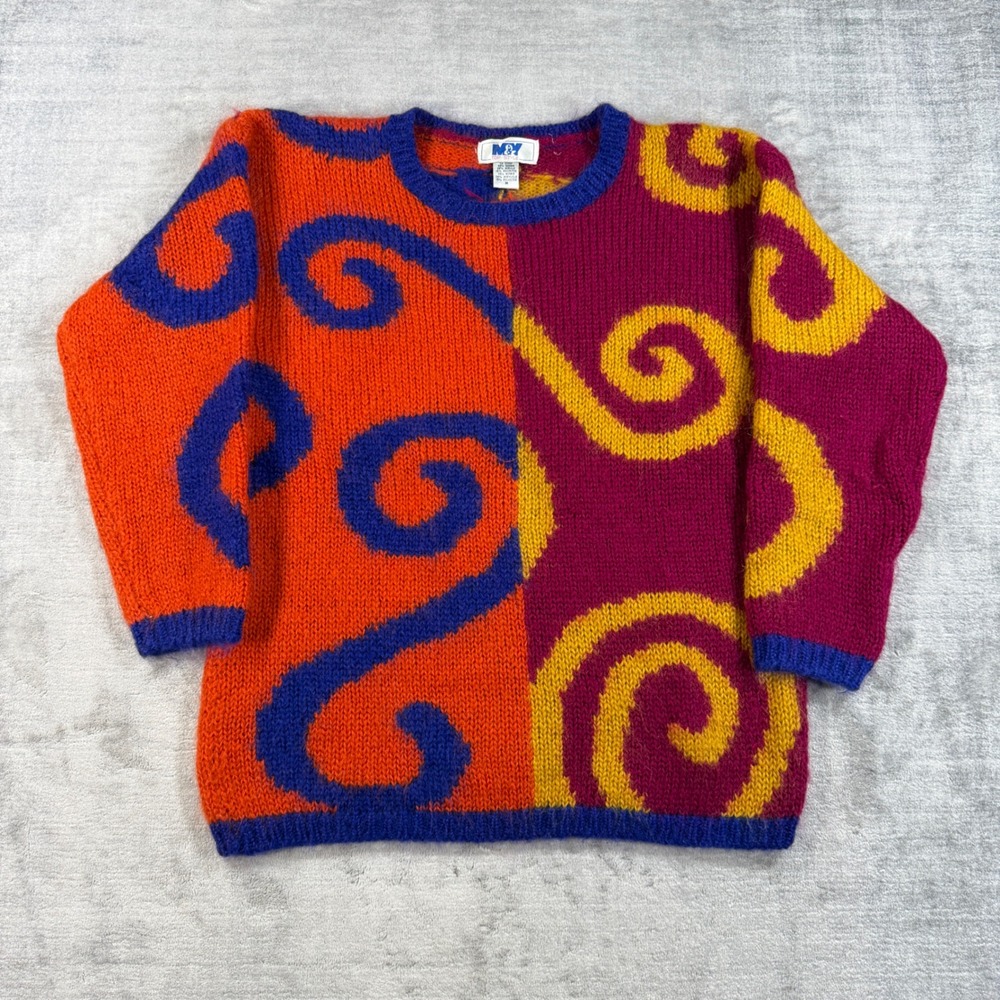 Vintage Mohair Sweater Womens Medium Multicolor Geometric Swirl Knit 90s